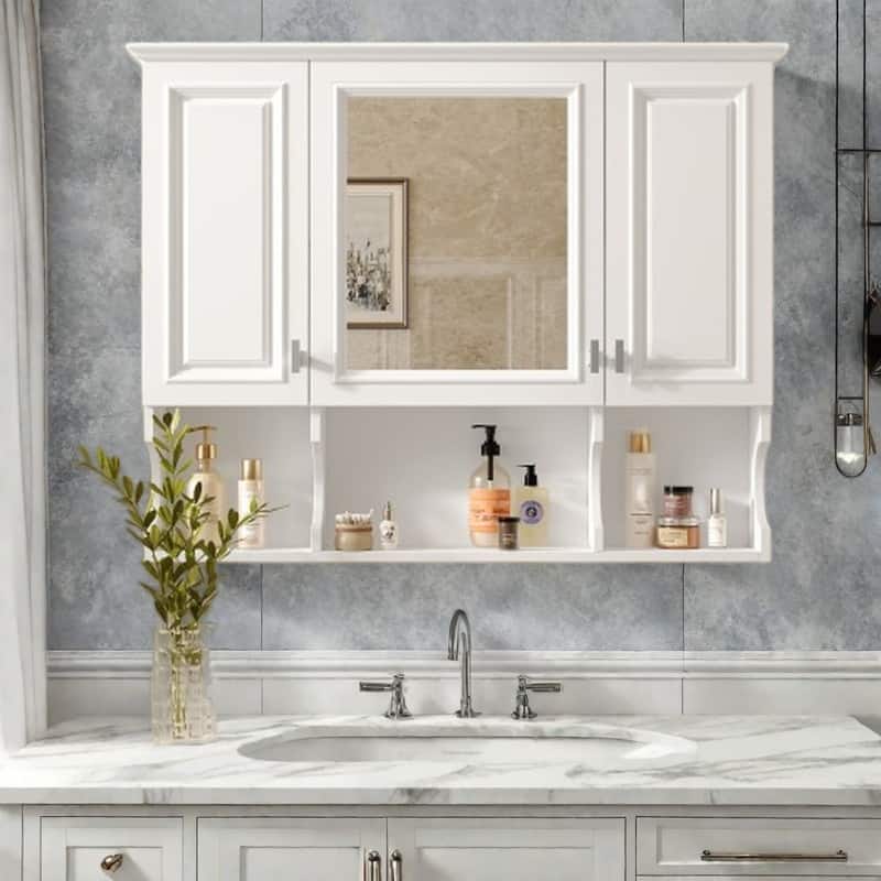 35" Wall-Mounted Medicine Cabinet with Mirror, 3-Door Bathroom Storage Organizer, Adjustable Shelves & Open Display Storage