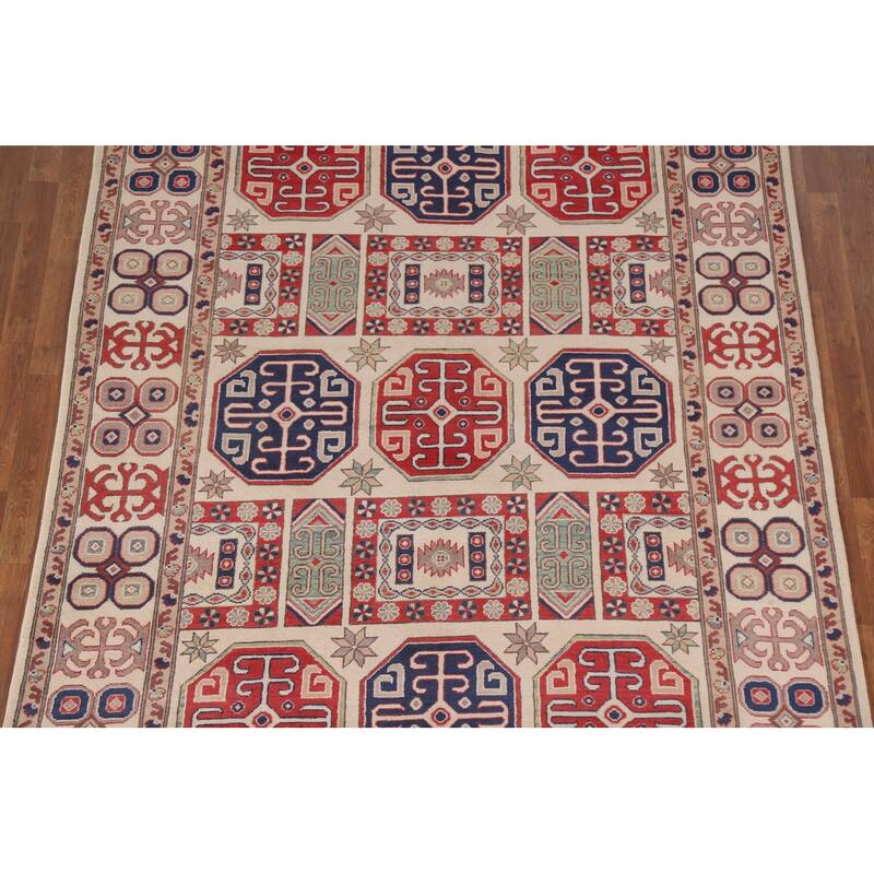 Hand Knotted Oriental 100% Wool Carpet Traditional Geometric Beige & Ivories Kazak Area Rug - 9' 7'' X 6' 7''