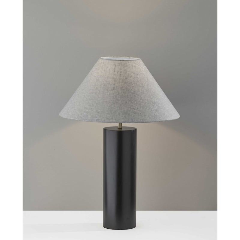Wood Base Bedside Table Lamp with Grey Cone Fabric Shade - 18” x 18” x 25.5” (D x W x H)