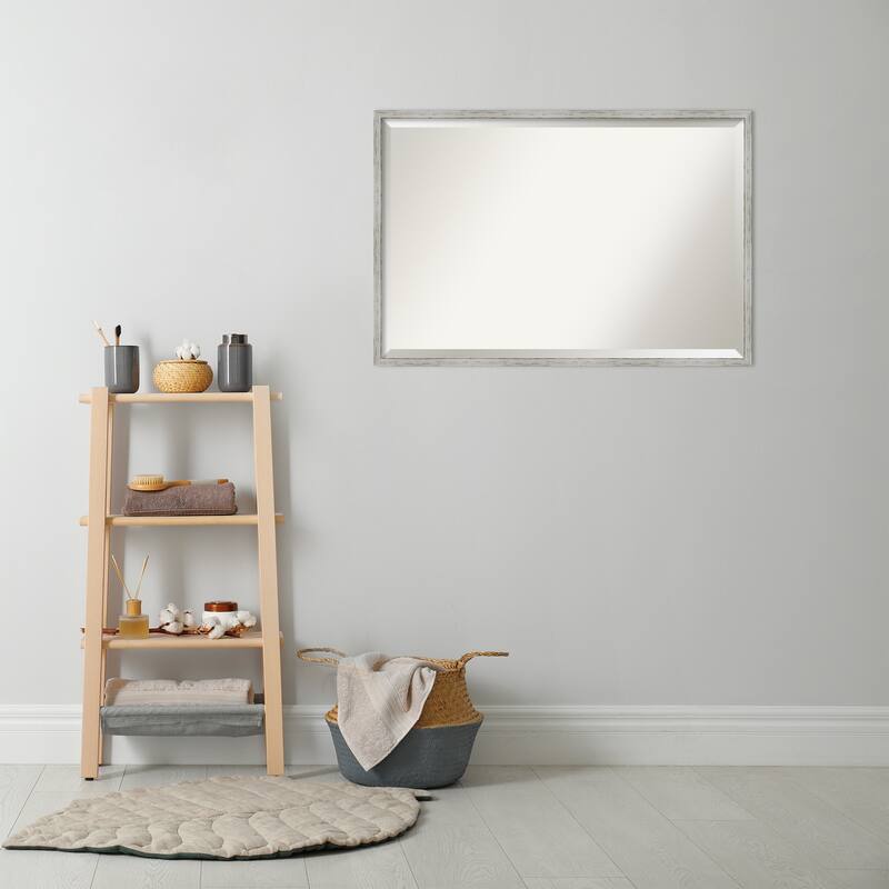 Beveled Wood Bathroom Wall Mirror - Shiplap White Narrow Frame