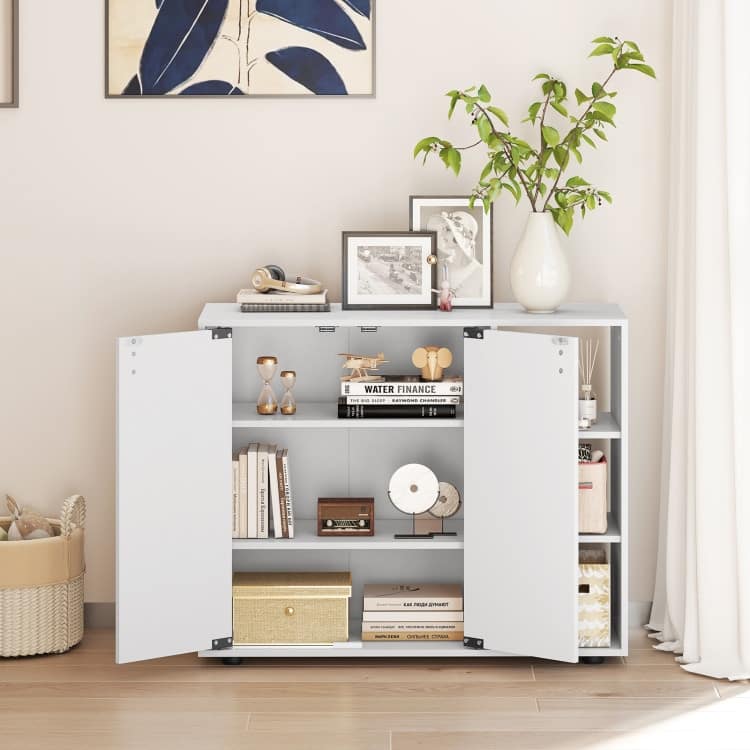 Shoe Storage Cabinet with Doors and Open Shelves Adjustable Wooden Entryway Organizer - 31.5" x 12" x 25.5"