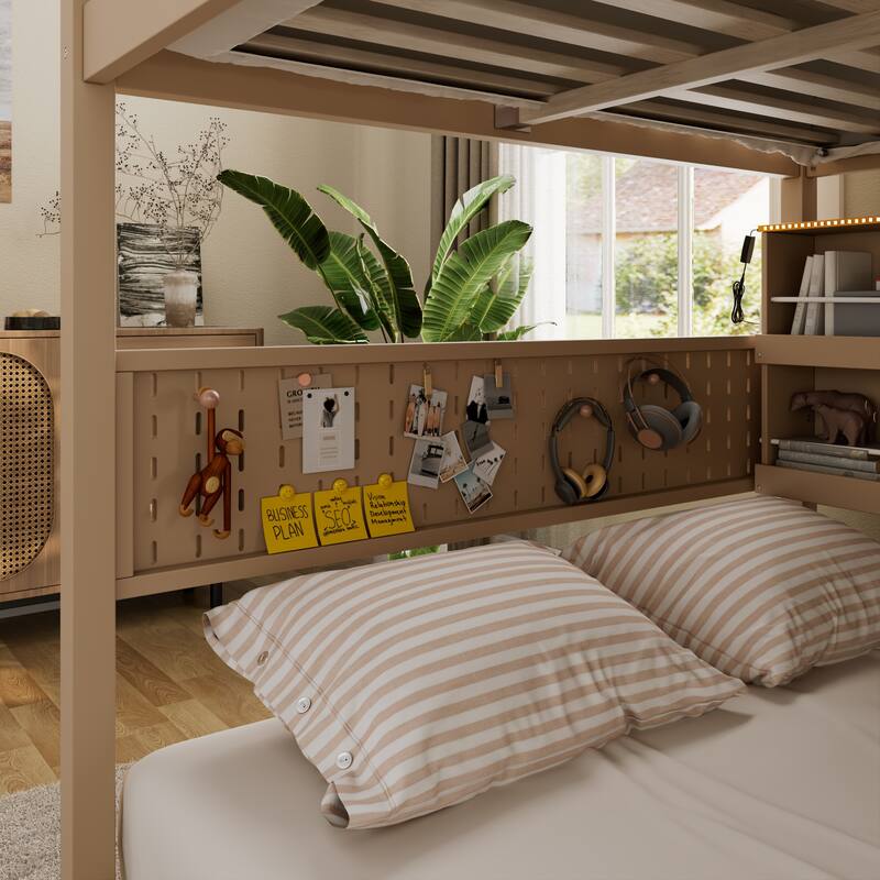 Wooden Full Over Full Bunk Bed Frame for Kids with Integrated Shelving, Light Strip, Pegboard, Full-Length Guardrails and Ladder