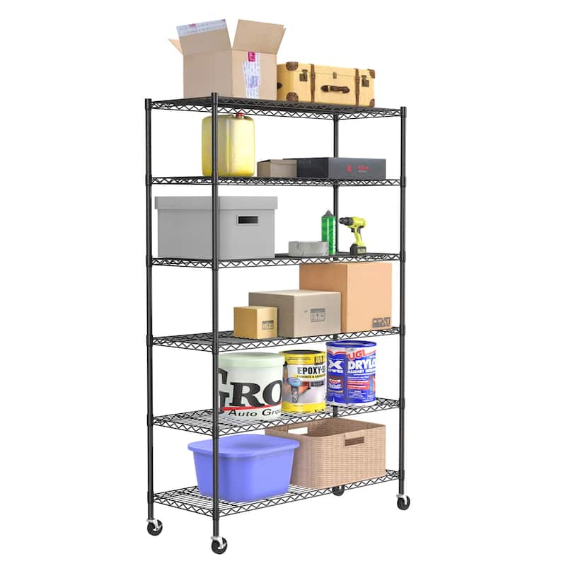 Furniture of America 6-Tier Heavy Duty Wire Shelving Rack, 48 x 18 x 82 NSF Certified, Includes Wheels, Black