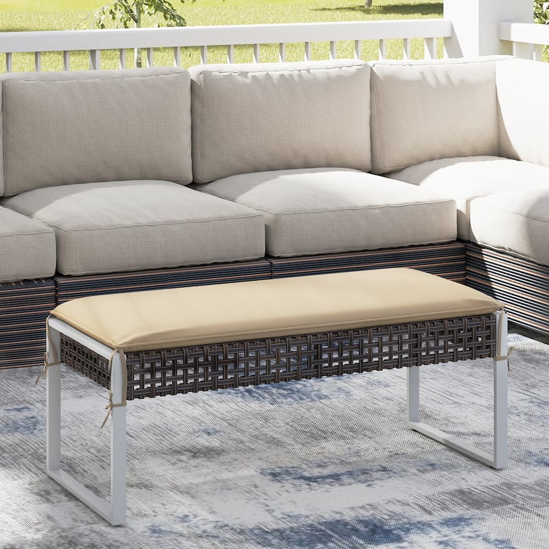 2-Piece Patio Ottoman Set Woven PE Rattan Footstools with Beige Cushions for Outdoor Seating - 44.5" x 18.5" x 16.5"