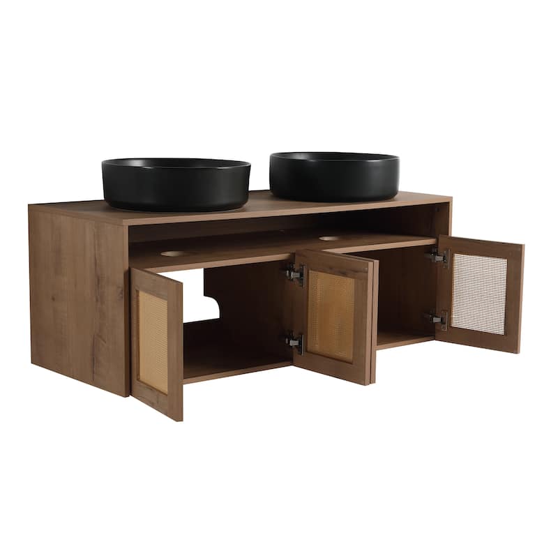 48" Bathroom Vanity with 2 Vessel Ceramic Sink Float Mounting Bathroom Storage Cabinet with 4-Soft Close Door
