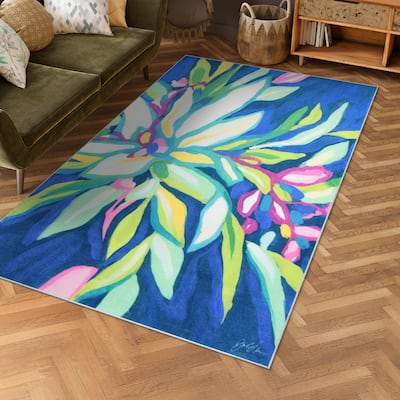 Blue Tropics I, Hand Washable Flowers Art Area Rug, power-loomed, 100% polyester, 2mm pile, non-slipping back