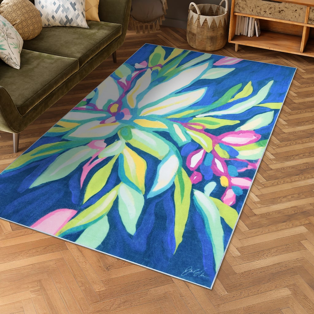 Blue Tropics I, Hand Washable Flowers Art Area Rug, power-loomed, 100% polyester, 2mm pile, non-slipping back