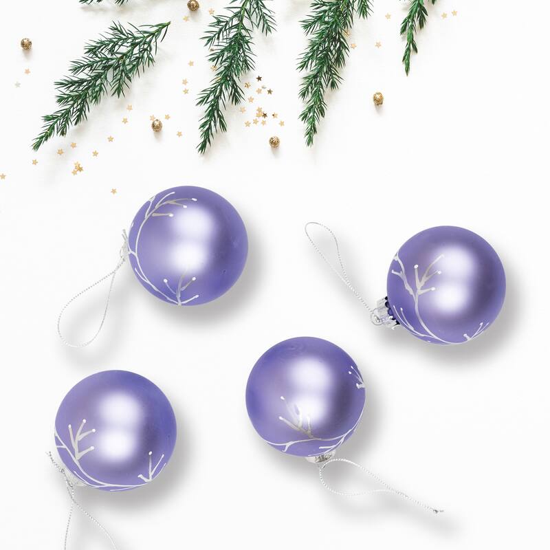 4Ct Matte Purple Glass Ball Christmas Ornaments Branch Design 2.5"