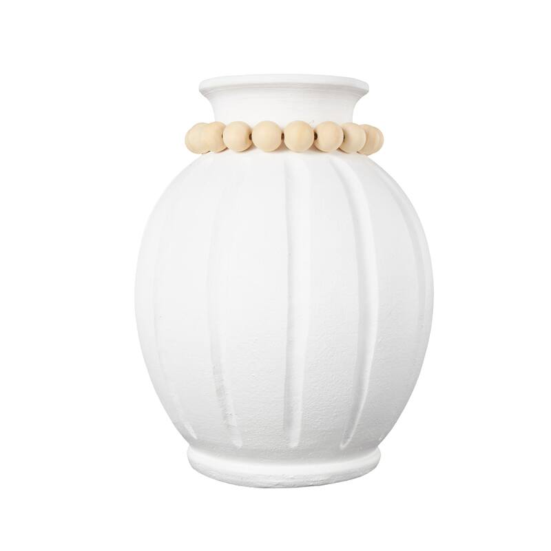 White Magnesium Oxide Decorative Vase with Light Brown Beads and Carved Grooves