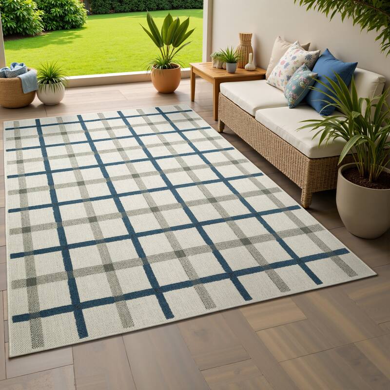 Vista Home Talcot Preppy Plaid Grey/Teal Indoor-Outdoor Area Rug - 9' 10" x 12' 10" - Rectangle