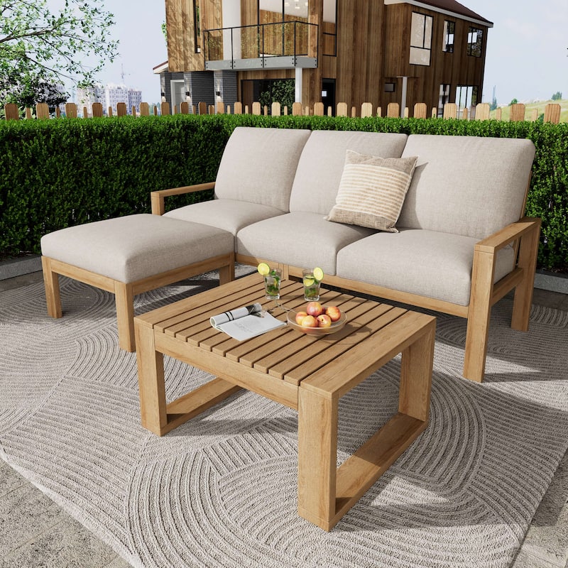 3-Piece Acacia Wood Sectional Patio Sofa Set - Outdoor L-Shaped Lounge Set with Cushions - for Porch or Backyard
