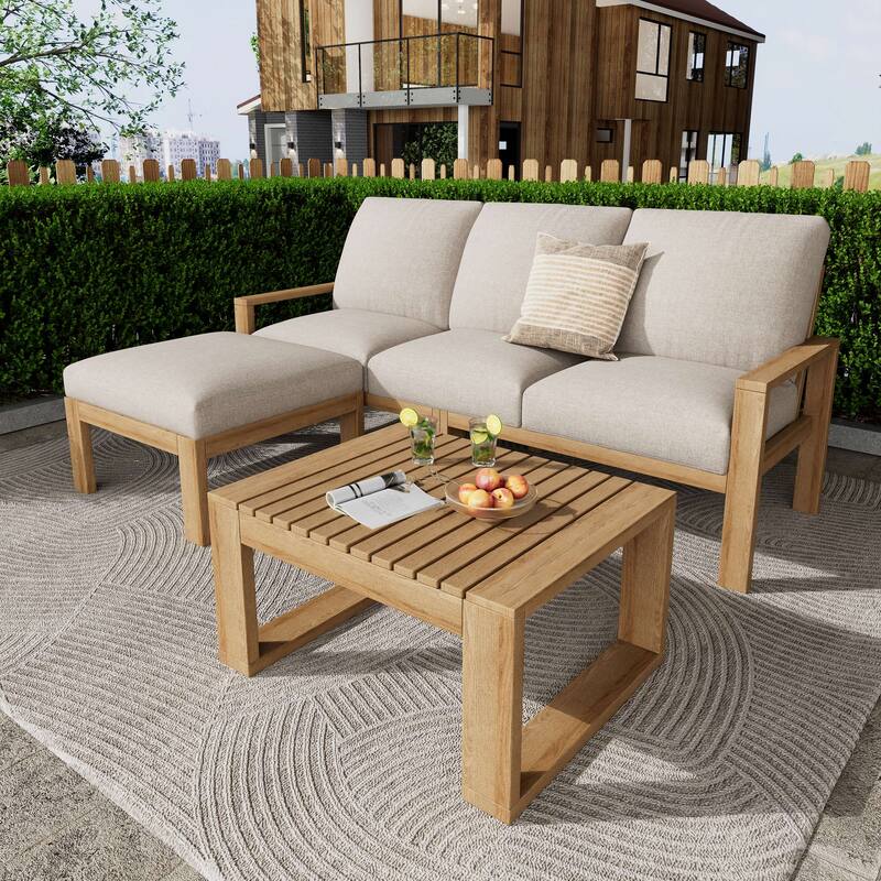 Outdoor 3 Piece Acacia Wood Patio Conversation Set for 4 People, L Shaped Deep Seat Sectional Sofa with Coffee Table and Ottoman