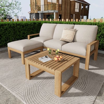 Upholstered Sectional Sofa Set, 3pcs Acacia Conversation Sets with Ottoman Chaise Lounge and Coffee Table for Garden