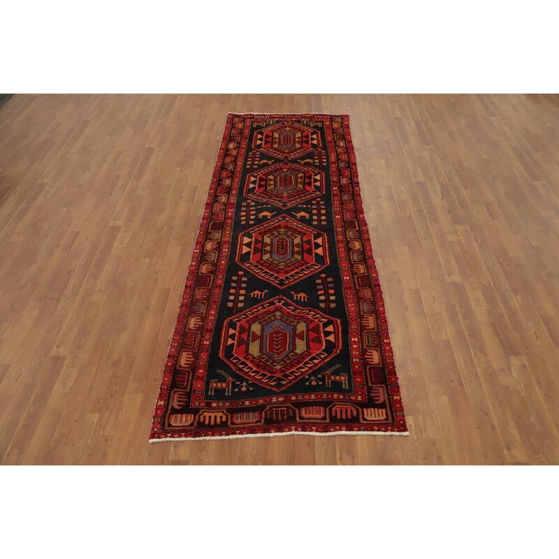 Hand Knotted Oriental 100% Wool Carpet Traditional Tribal Black Ardebil Runner Rug - 9' 7'' X 3' 5''
