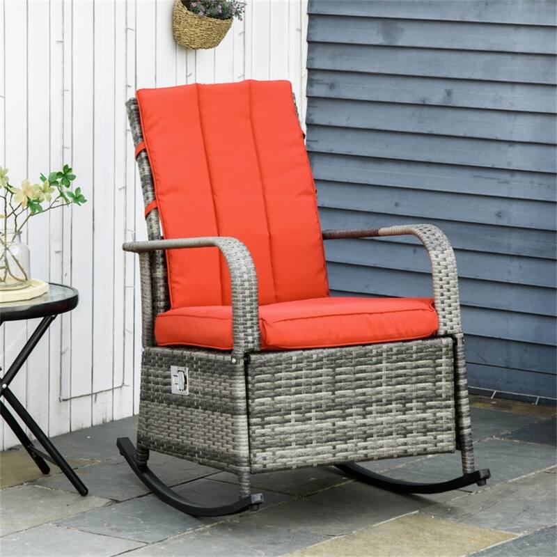 Reclining Outdoor Rocking Chair with Removable Cushion Covers and Adjustable Footrest for Comfortable Seating - Brown-Red