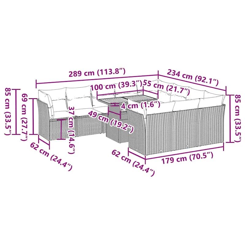 vidaXL Patio Sofa Set with Cushions Table and Corner Sofas 11 Piece Poly Rattan - 21.7 x 24.4 x 27.2