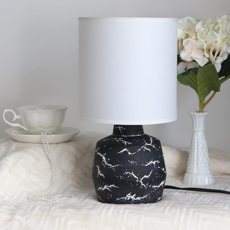 Modern Ceramic Table Lamp with Fabric Drum Shade Compact Marble Inspired Design - 7.09” x 7.09” x 13.30”