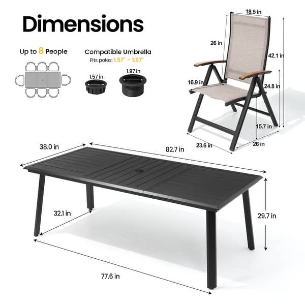 dimension image slide 3 of 6, 9/11/13-Piece Outdoor Patio Dining Set All-Weather Aluminum Dining Table with Umbrella Hole and Adjustable Folding Chairs