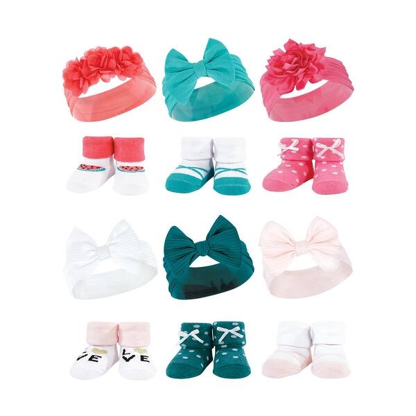 slide 1 of 1, Hudson Baby Infant Girl 12Pc Headband and Socks Giftset, Teal Coral Teal Pink, One Size - Teal Coral Teal Pink Teal Coral Teal Pink - One Size