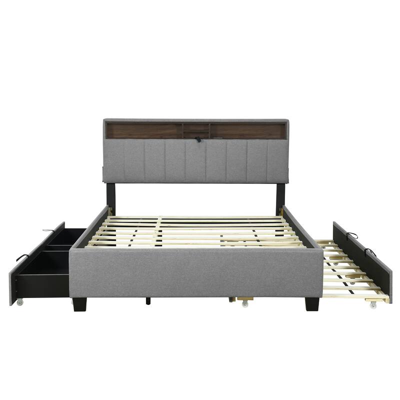 Queen Size Upholstered Platform Bed with Storage, USB Ports, Twin XL Trundle, and Drawers, Gray Linen Fabric