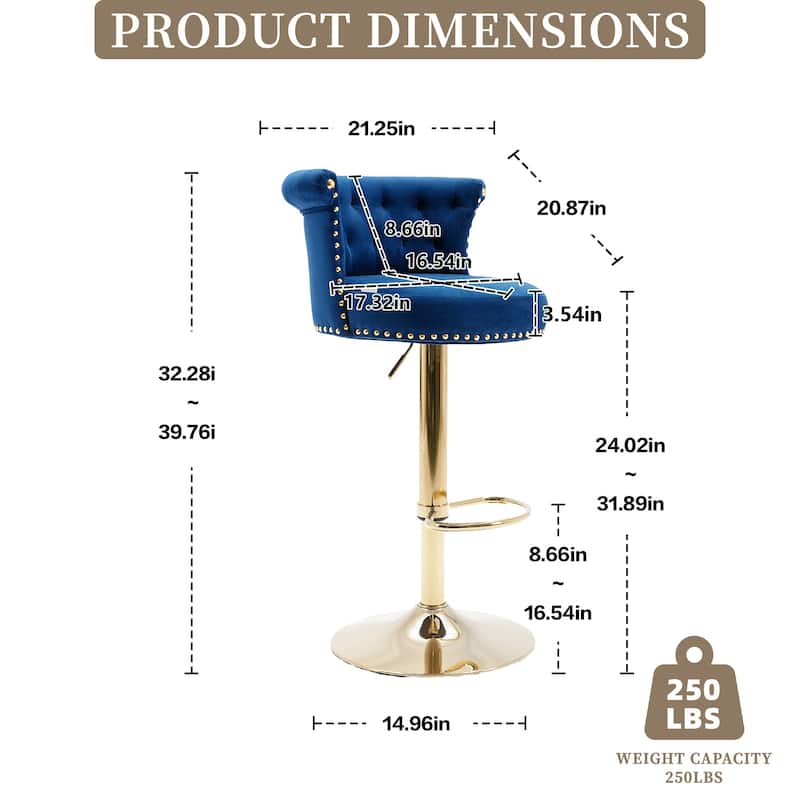 Velvet Upholstered Tufted Nailheads Swivel Adjustable Height Bar Stools With Golden Footrest(set of 2)