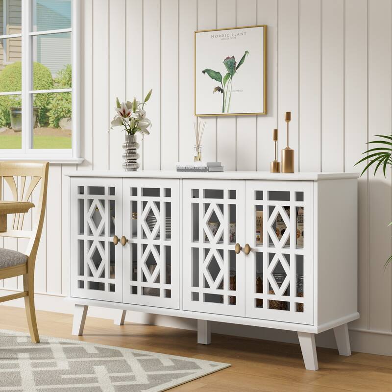 Buffet Cabinet with Storage with 4 Doors Skeletonized Coffee Bar Cabinet Sideboard - White