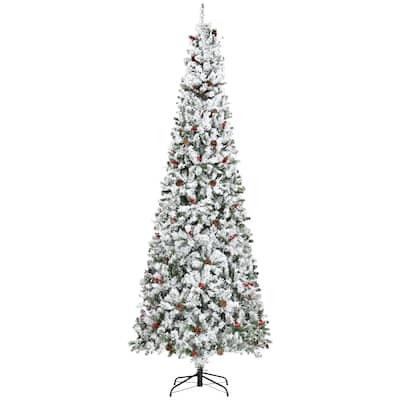 9' Snow Flocked Pencil Christmas Tree with Red Berries, Pine Cones, & Realistic Branches, Auto Open, Green