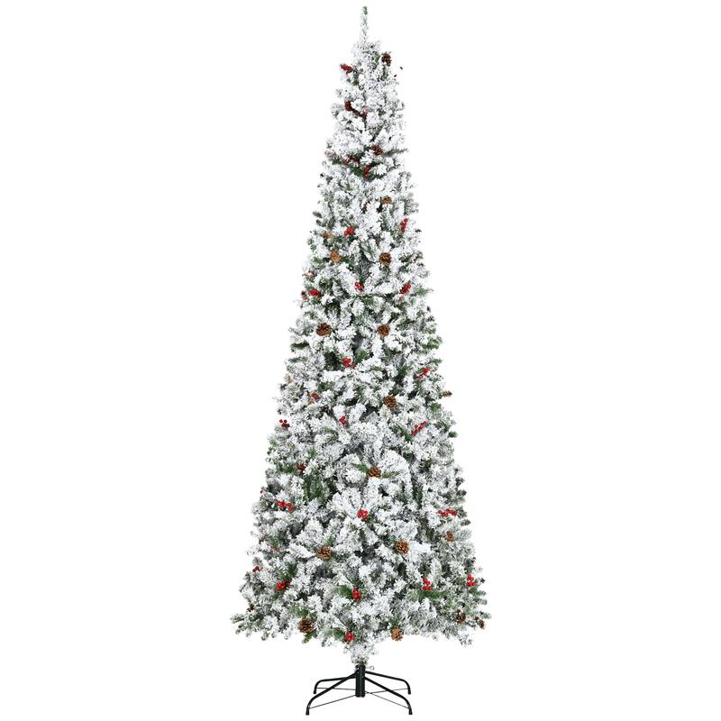 9FT Pencil Christmas Tree, Snow-Flocked with Pinecones & Red Berries, Realistic Pine Branches, Unlit - Green