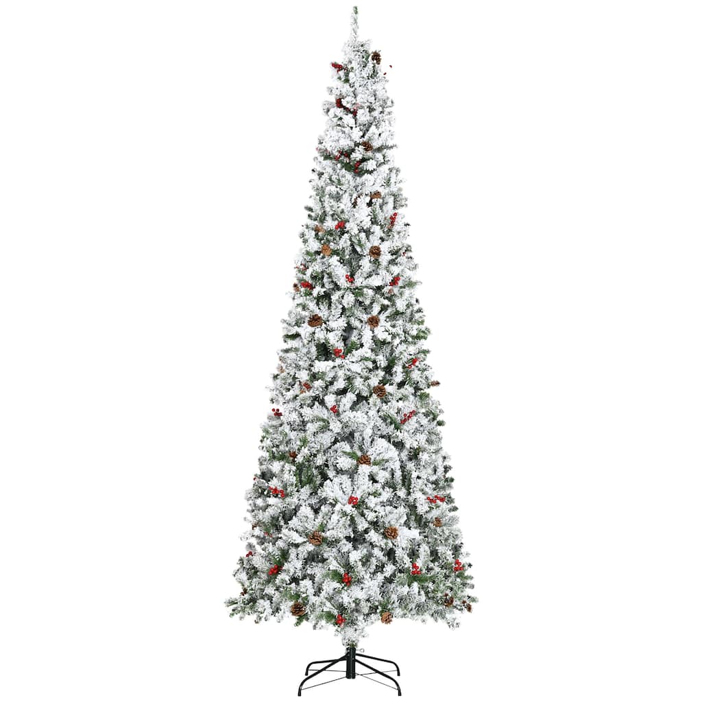 9ft Green Pencil Snow Flocked Christmas Tree with Pinecones & Red Berries for Holiday Decor