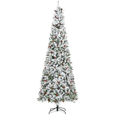 9ft Snow-Flocked Pencil Christmas Tree with Pinecones & Red Berries, Realistic Branches & Easy Setup