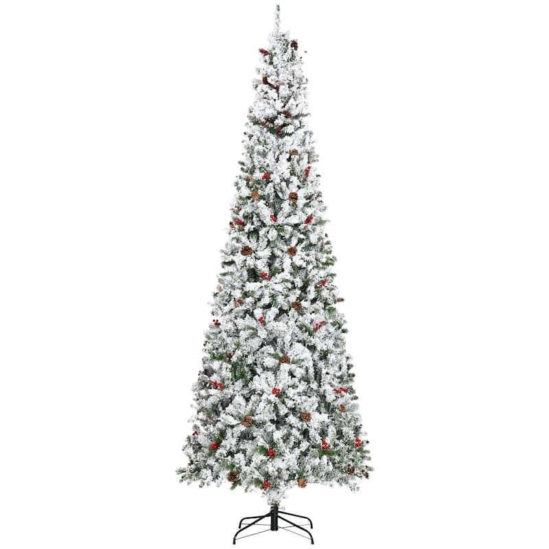 HOMCOM Snow Flocked Pencil Christmas Tree - Realistic Pine Branches, Pine Cones, Red Berries, Auto Open - Green