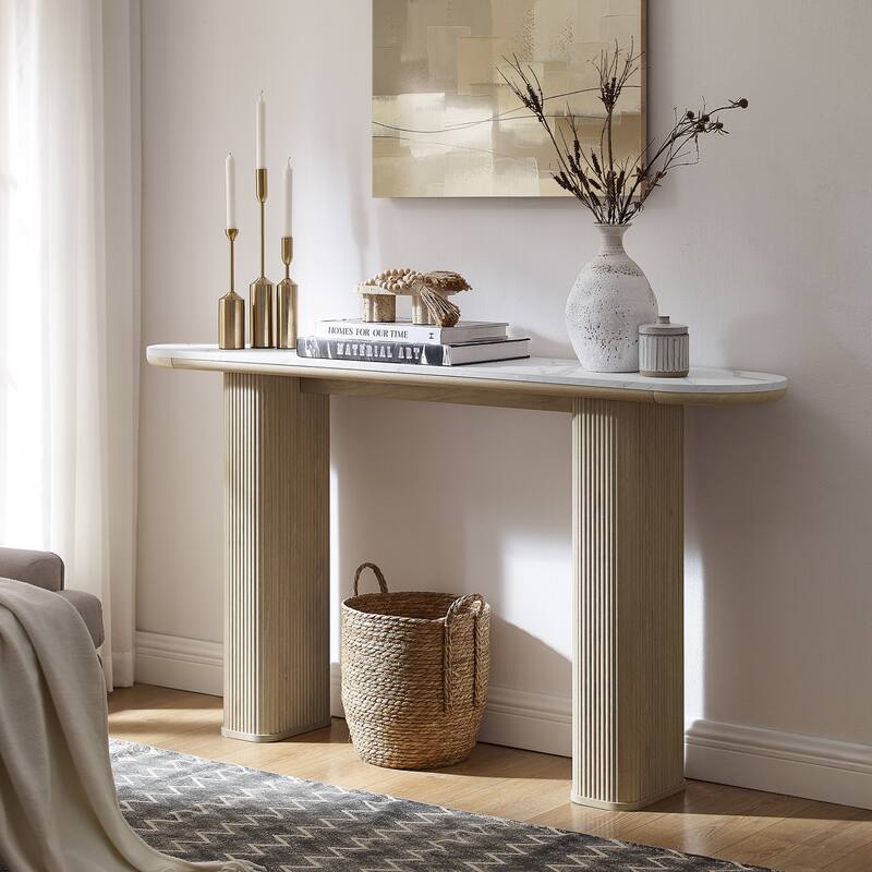 63" Modern sofa, Entryway Table, Sofa Table with Fluted Bases - White