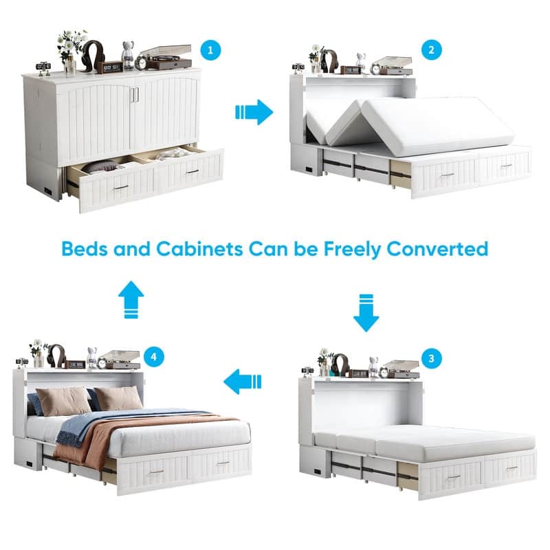 Mixoy Queen Modern Murphy Bed Cabinet with Charge Station,Mattress,Drawers