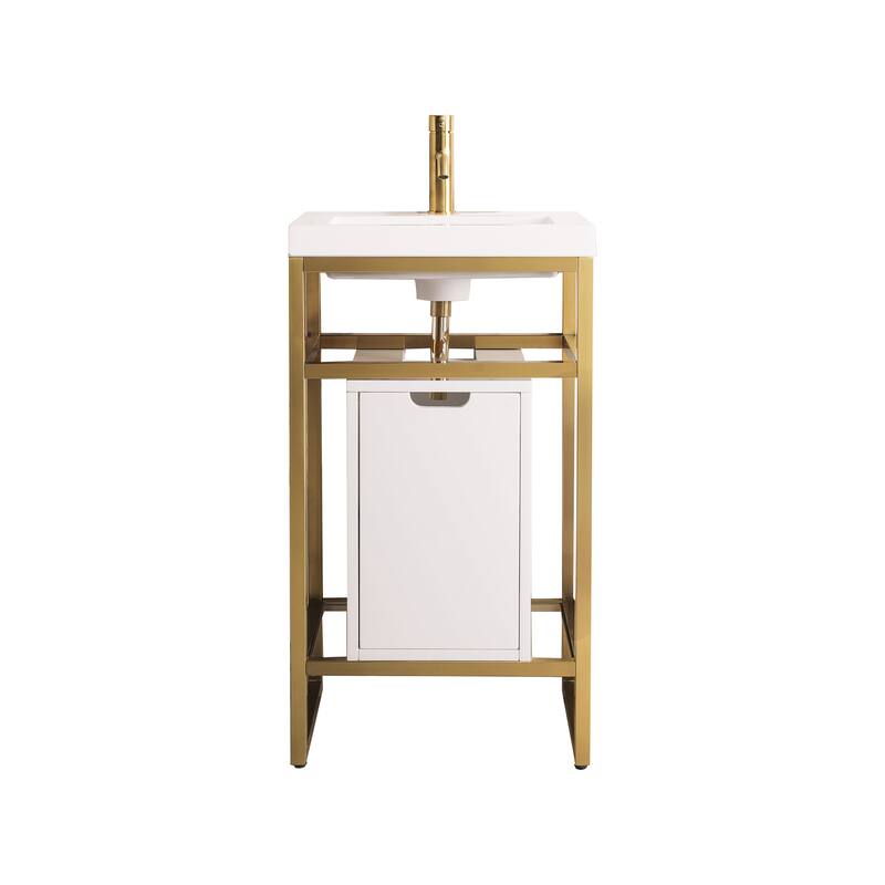 James Martin Vanities Boston 20" Stainless Steel Sink Console, Radiant Gold w/ White Glossy Composite Stone Top - Glossy White Storage Cabinet