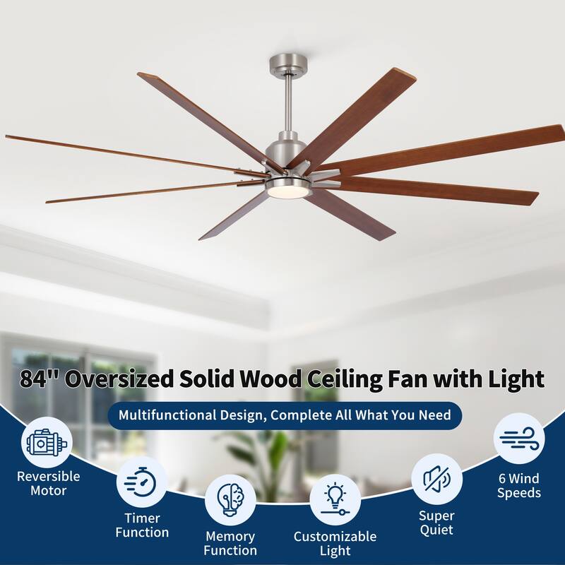 84" Oversized Large Black Walnut Solid Wood Ceiling Fan with Dimmable Led Light 8 Blades Remote Control Reversible DC Motor