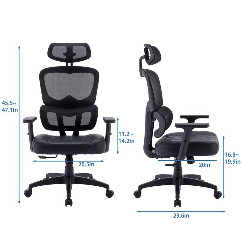 VECELO Executive Office Chair with PU Leather Seat Adjustable Height Mesh Backrest & 3D Lumbar Support 125° Reclining