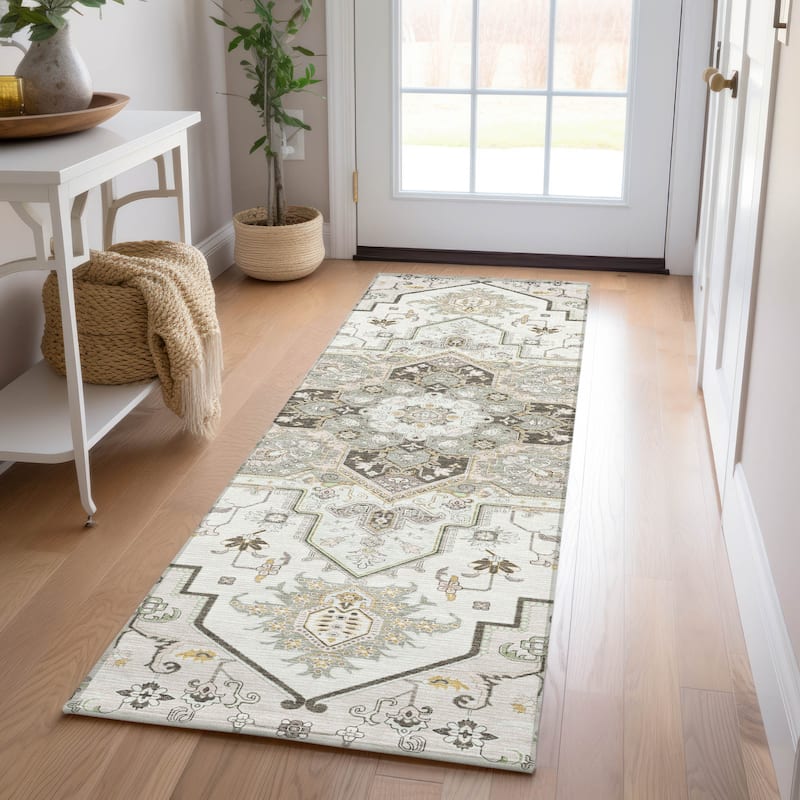 Machine Washable Indoor/ Outdoor Persian Traditional Chantille Rug - Ivory - 2'3" x 7'6"