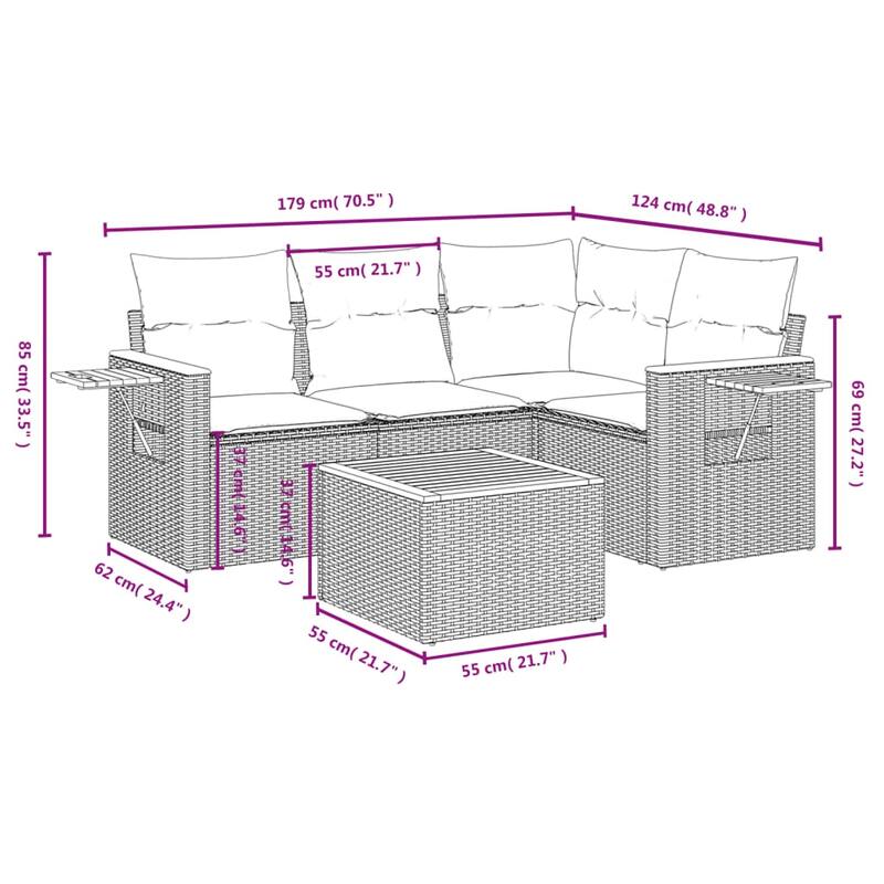 vidaXL Patio Sofa Set with Cushions Outdoor Conversation Furniture Poly Rattan - 24.4 x 33.5 x 27.2 in