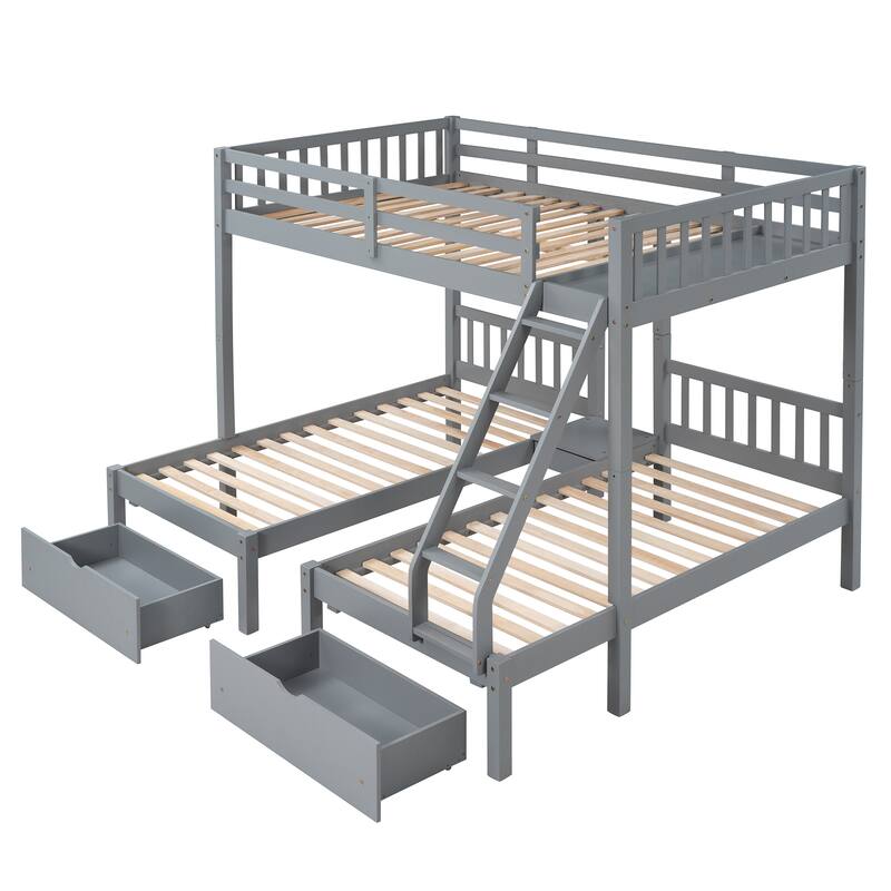Full Over Twin Wood Triple Bunk Bed with Drawers, Guardrails, and Angled Ladder - Space-Saving Design