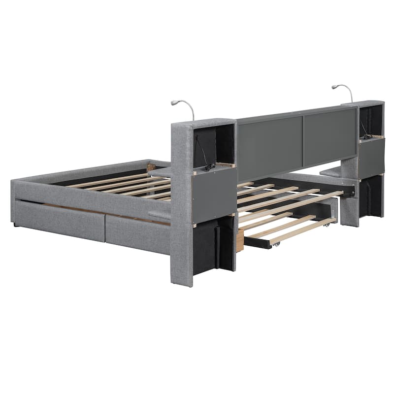 Queen Size Upholstered Platform Bed with Drawers Trundle Flip-up Storage Headboard Side Storage Racks Reading Lights Linen