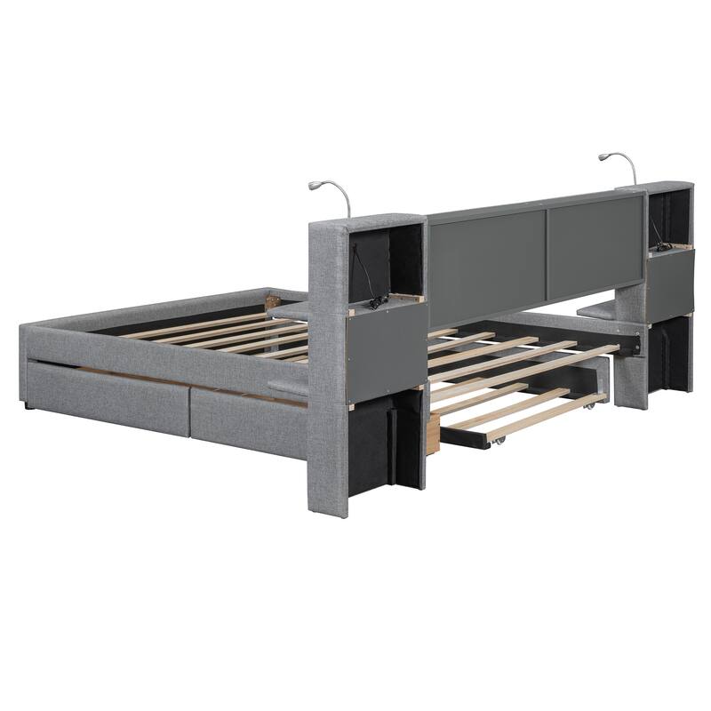 Queen Size Upholstered Platform Bed with Storage Headboard, Reading Lights, Trundle, and Side Racks