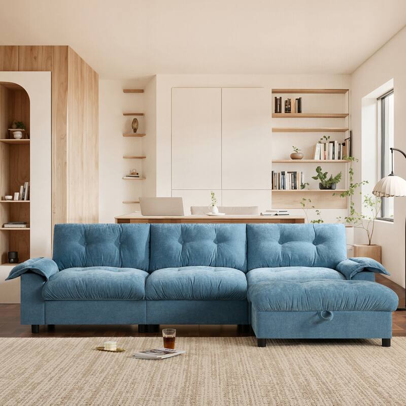 Chenille Tufted L-Shape Sectional Sofa with Storage Ottoman, Pockets and All-in-one Armrest with Dual-Port Charging, Cup Holder