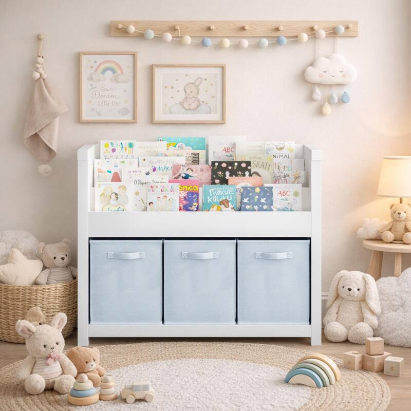 Anmytek White Kids Bookshelf with 3 Light Blue Fabric Bins - Wooden Book and Toy Storage Organizer with Tiered Display