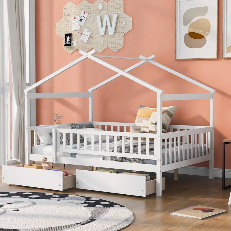 Wooden Twin/Full House Bed with Drawers, Imaginative Play Design, and Storage for Kids, Available in Multiple Colors - White - Full