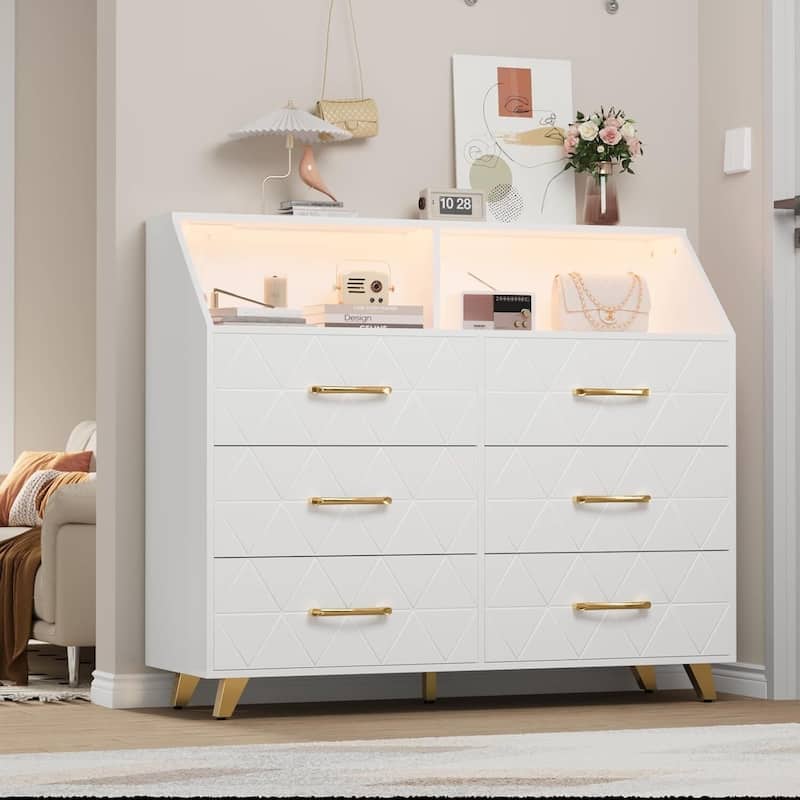 6 Drawer Dresser for Bedroom with LED Lights & Charging Station