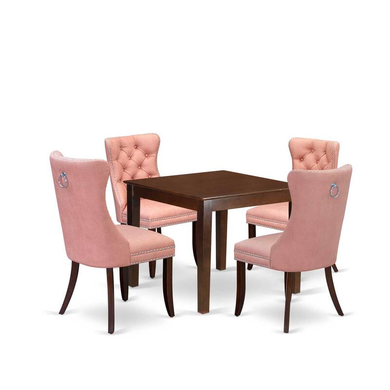 5-Piece Mahogany Finish Solid Wood Top - Square Upholstered Dining Room Set - Seats 4