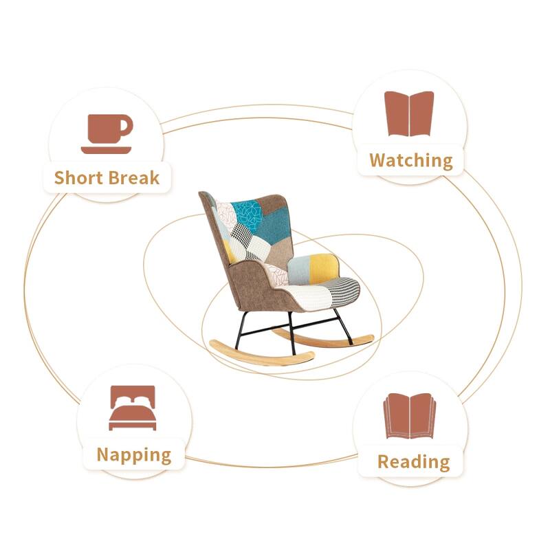 Modern Living Room Patchwork Linen Fabric Rocking Chair with Wood Legs