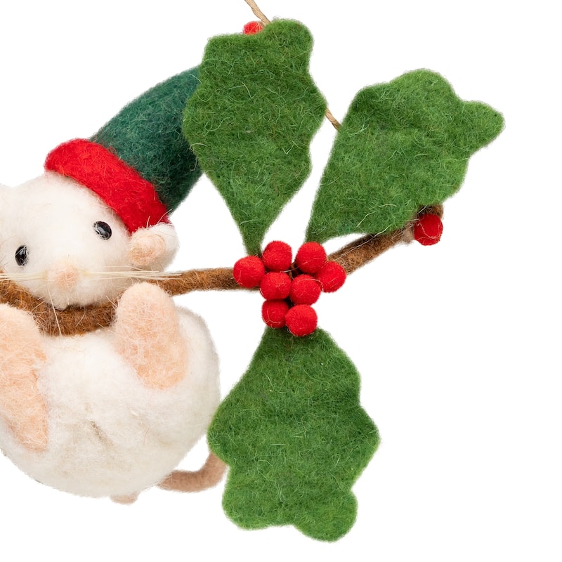 Holly and Berry Mouse Christmas Hanging Decoration - 9" - Green and Ivory