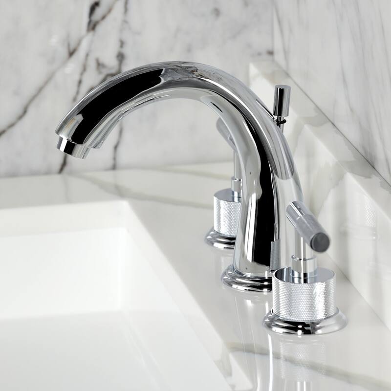 Kingston Brass Convergent Two-Handle 3-Hole Deck Mount Widespread Bathroom Faucet with Knurled Handle and Brass Pop-Up Drain