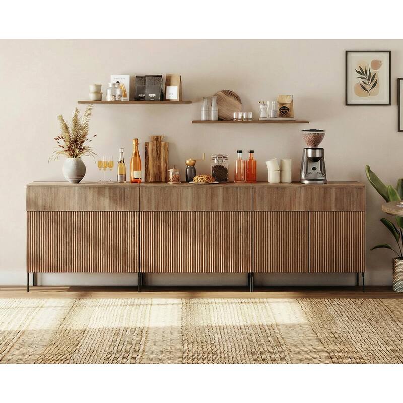31.5" Wooden Reeded Sideboard With Doors And Drawer, Modern Credenza Storage Cabinet - 3PCS - Walnut